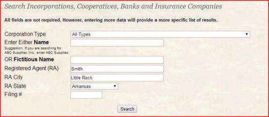 The search form for Arkansas business entities on the AR SOS website.