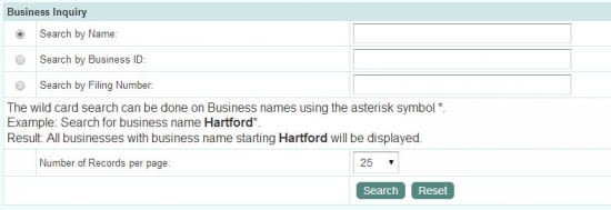 Connecticut Secretary of State business entity name search form.