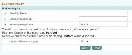Connecticut Secretary of State business entity filing number search form.