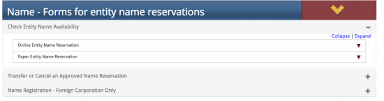 Arizona Secretary of State business entity name search forms for name reservations.