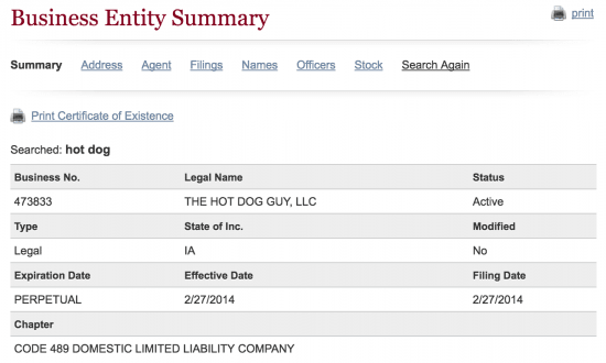Iowa Secretary of State business entity name search summary.