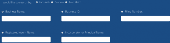 Indiana Secretary of State business entity name search form.