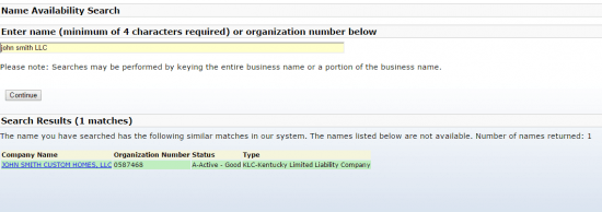 Kentucky Business Entity Name Availability Search Results 2
