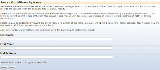 Kentucky Secretary of State business entity search by officers form.