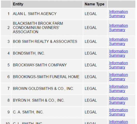 Maine Secretary of State business entity name search by keyword results page.