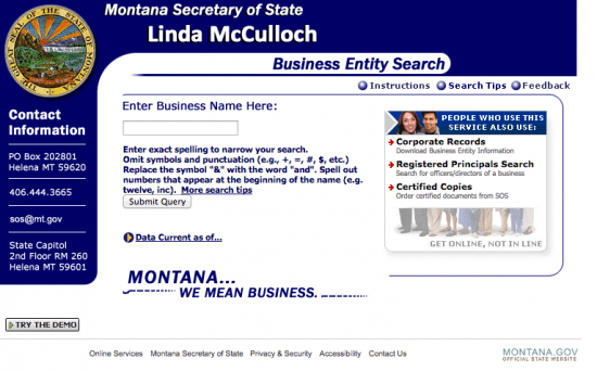 Montana Secretary of State business entity name search form.