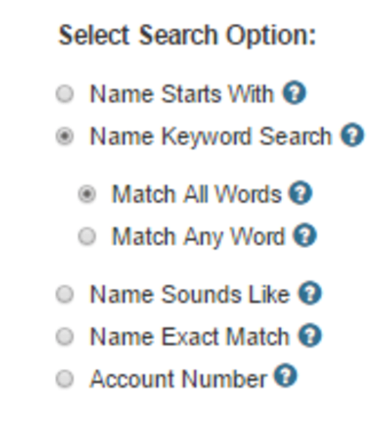Nebraska Secretary of State business entity name search match types.