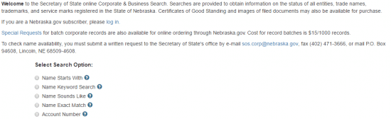 Nebraska Secretary of State business entity name search form.