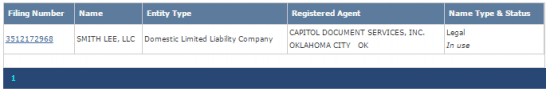 Oklahoma Secretary of State business entity filing number search results.