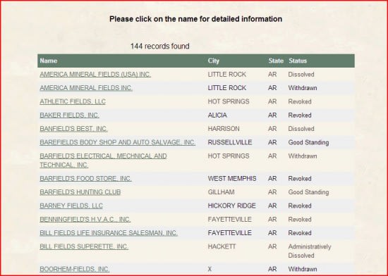Arkansas SOS business entity name search results example.