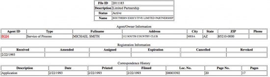 Arizona Secretary of State partnership search by applicant/agent name details.