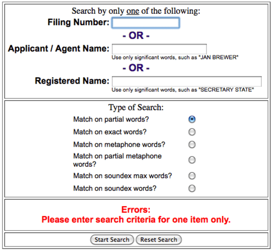 Arizona Secretary of State partnership search form.