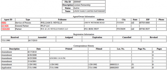 Arizona Secretary of State partnership search details.