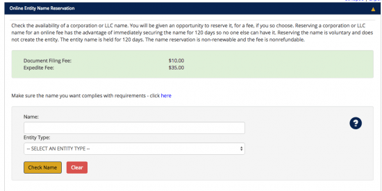 Arizona Secretary of State business entity name search form.