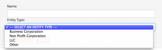 Arizona Secretary of State business entity name search entity type dropdown.