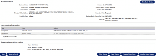 Indiana Secretary of State business entity name search details.
