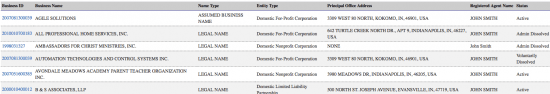 Indiana SOS business entity search by registered agent results page.