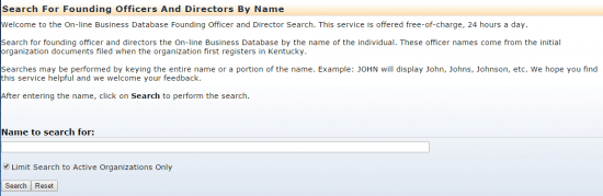 Kentucky Secretary of State business entity search by founding/current officers and directors form.