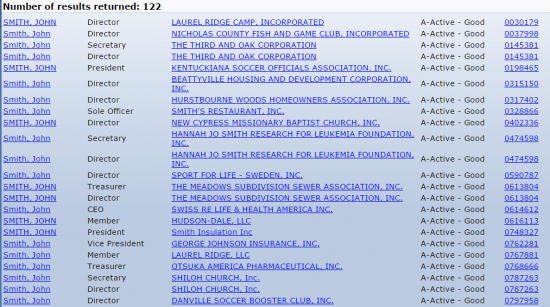 Kentucky Secretary of State business entity search by founding/current officers and directors results.