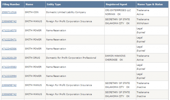 Oklahoma Secretary of State business entity name search results.